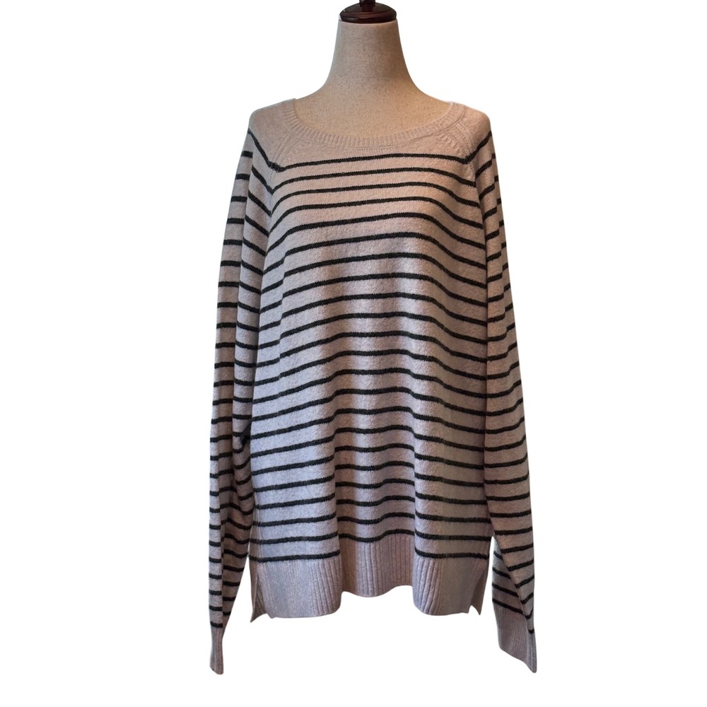 3X Caslon Women's Beige Grey Nora Stripe Relaxed Knit Sweater